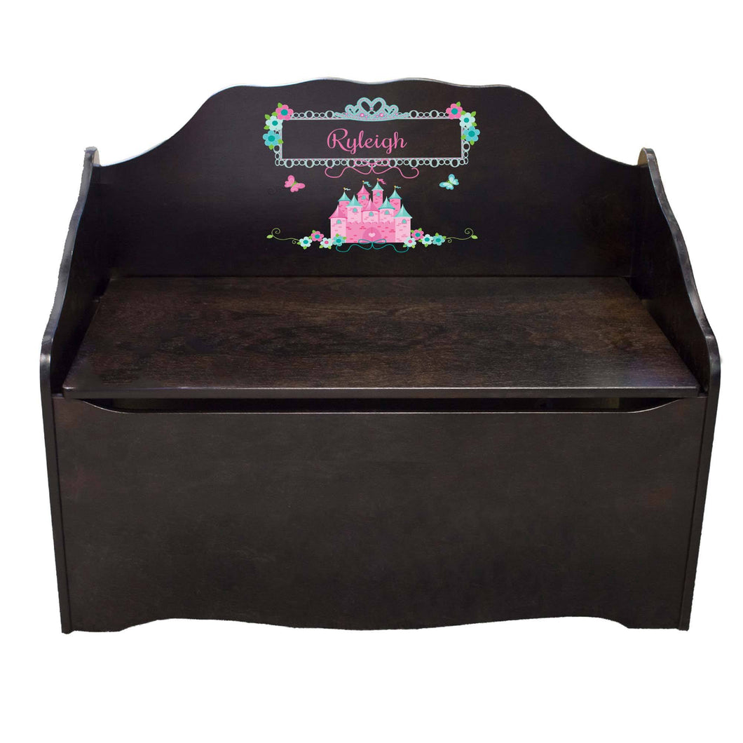 Personalized Pink Teal Castle Espresso Toy Chest