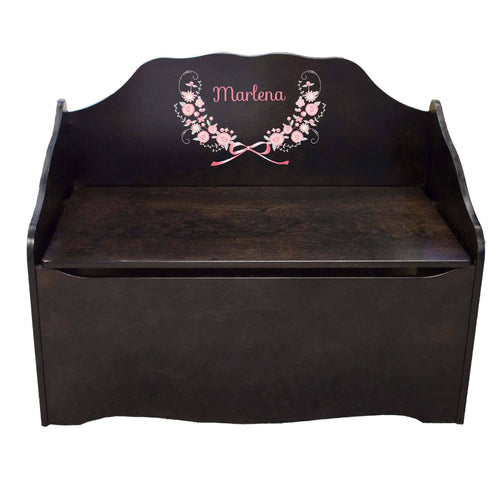 Personalized Pink Gray Floral Garland Espresso Toy Chest