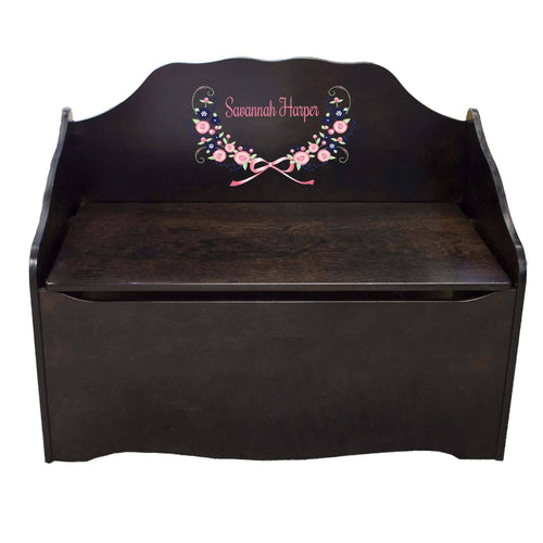 Personalized Navy Pink Floral Garland Espresso Toy Chest