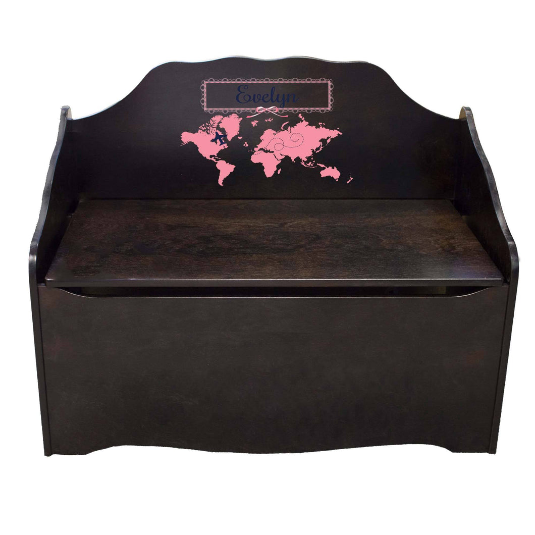Personalized World Map pink Espresso Toy Chest