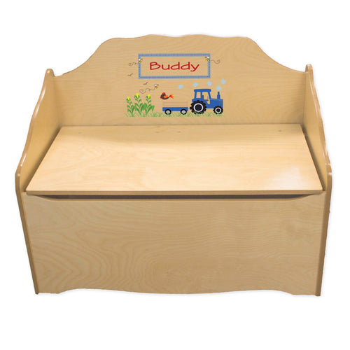 Personalized Blue Tractor Natural Toy Chest
