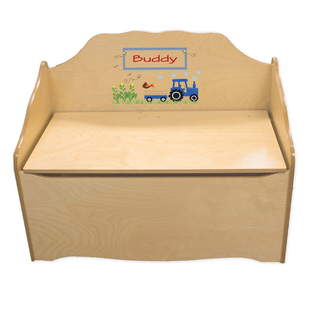 Personalized Blue Tractor Natural Toy Chest