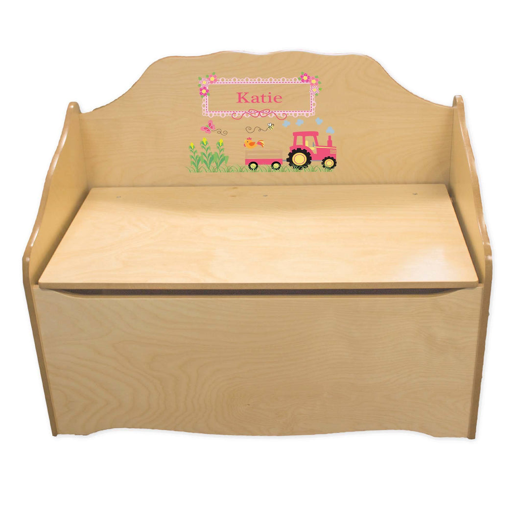Personalized Pink Tractor Natural Toy Chest