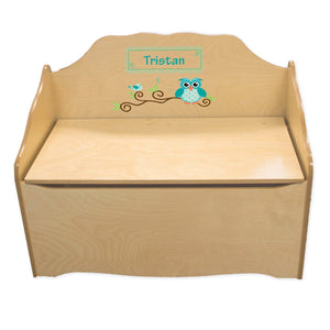 Personalized Blue Gingham Owl Natural Toy Chest