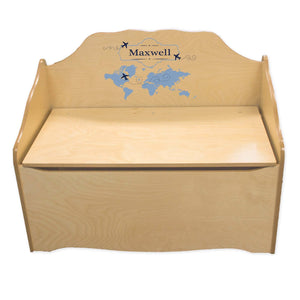 Personalized World Map Blue Natural Toy Chest