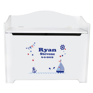 White Wooden Toy Box Bench with Pink Sailboat design