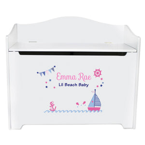 White Wooden Toy Box Bench with Pink Sailboat design