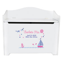 White Wooden Toy Box Bench with Pink Sailboat design