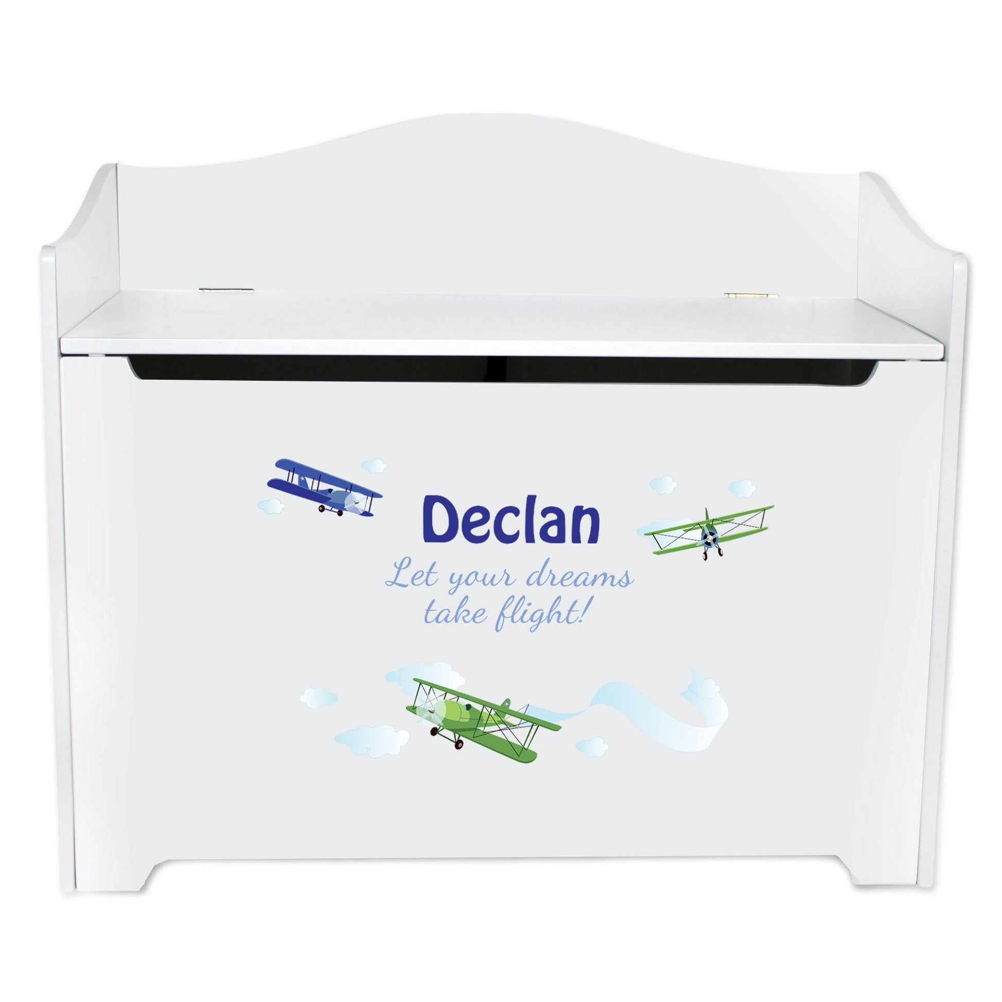White Wooden Toy Box Bench with Airplane design