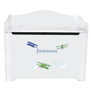 White Wooden Toy Box Bench with Airplane design