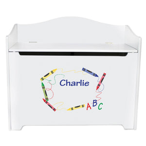 White Wooden Toy Box Bench with Crayon design
