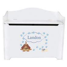 White Wooden Toy Box Bench with Blue Puppy design