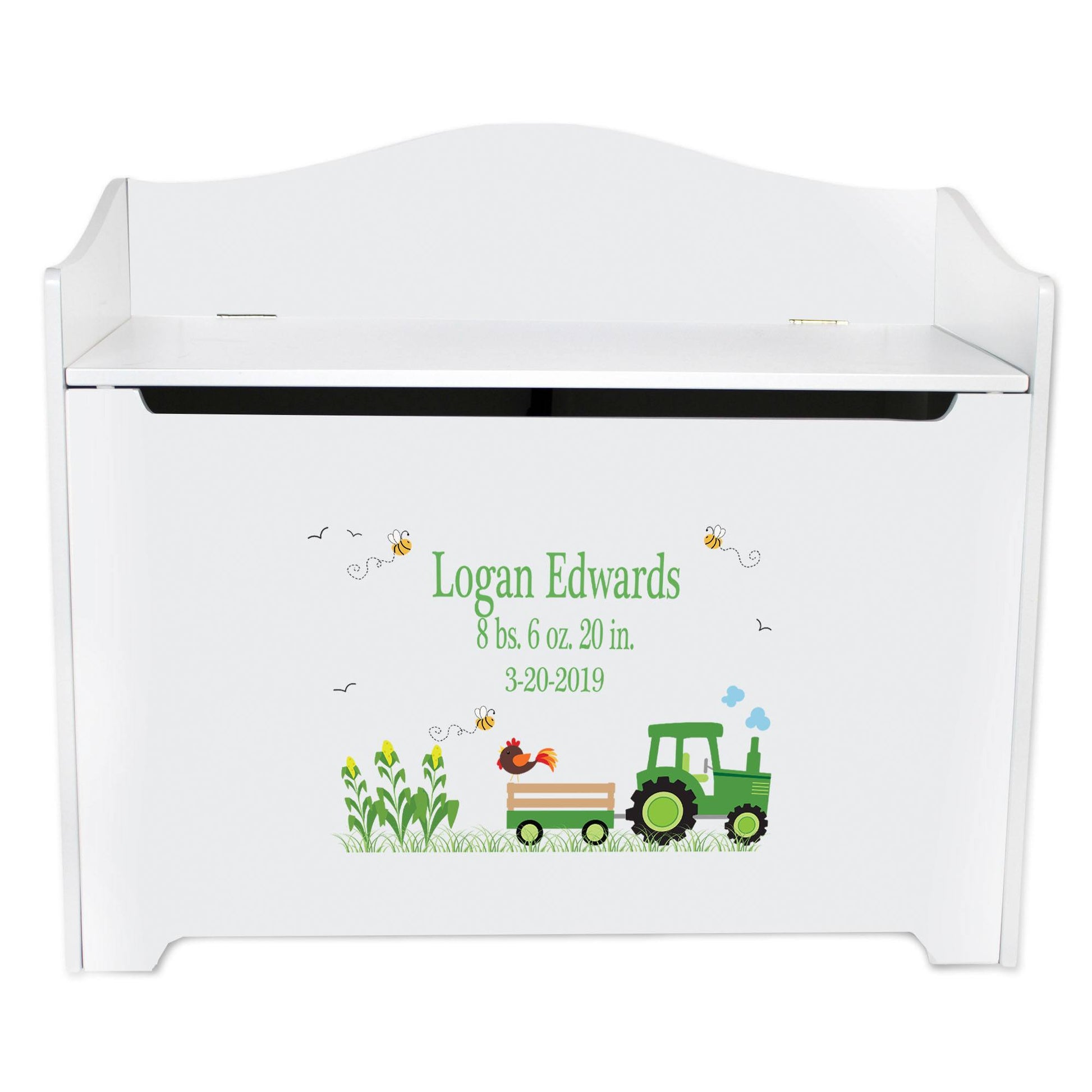 White Wooden Toy Box Bench with Green Tractor design