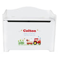 White Wooden Toy Box Bench with Red Tractor design