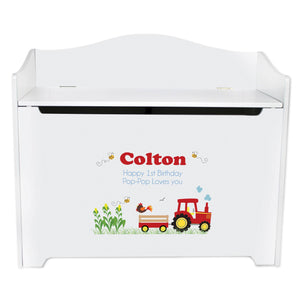 White Wooden Toy Box Bench with Blue Tractor design
