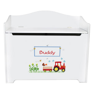 White Wooden Toy Box Bench with Red Tractor design