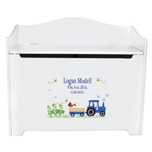 White Wooden Toy Box Bench with Blue Tractor design