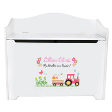 White Wooden Toy Box Bench with Pink Tractor design