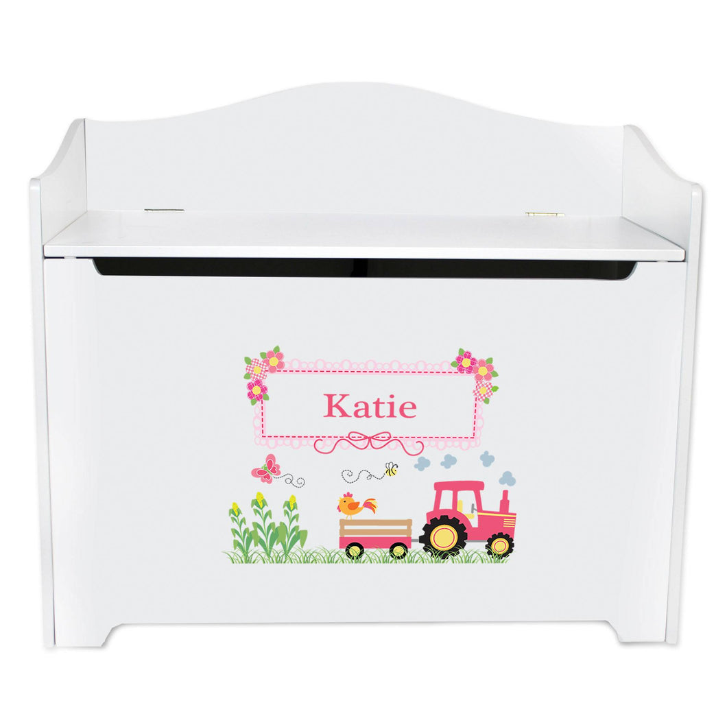White Wooden Toy Box Bench with Pink Tractor design