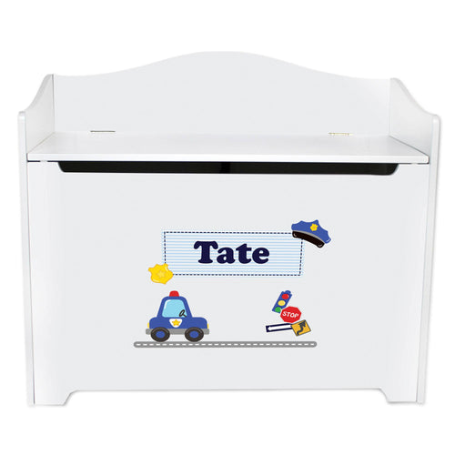White Wooden Toy Box Bench with Police design