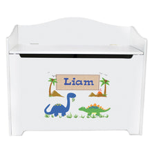 White Wooden Toy Box Bench with Dinosaurs design