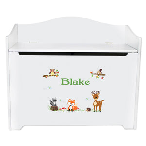 White Wooden Toy Box Bench with Green Forest Animal design