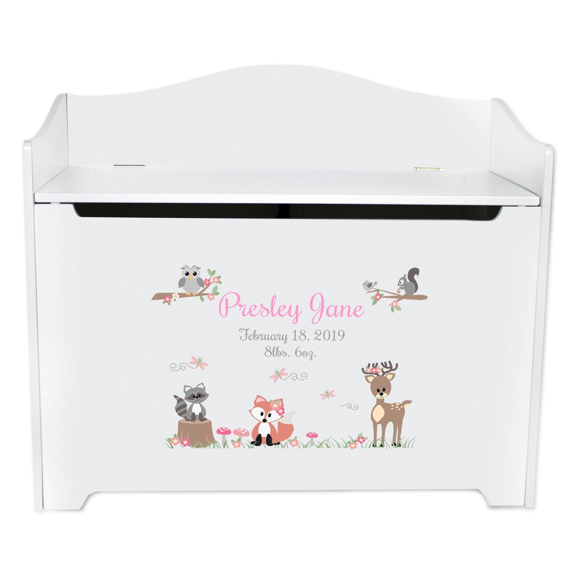 White Wooden Toy Box Bench with Gray Woodland Critters design