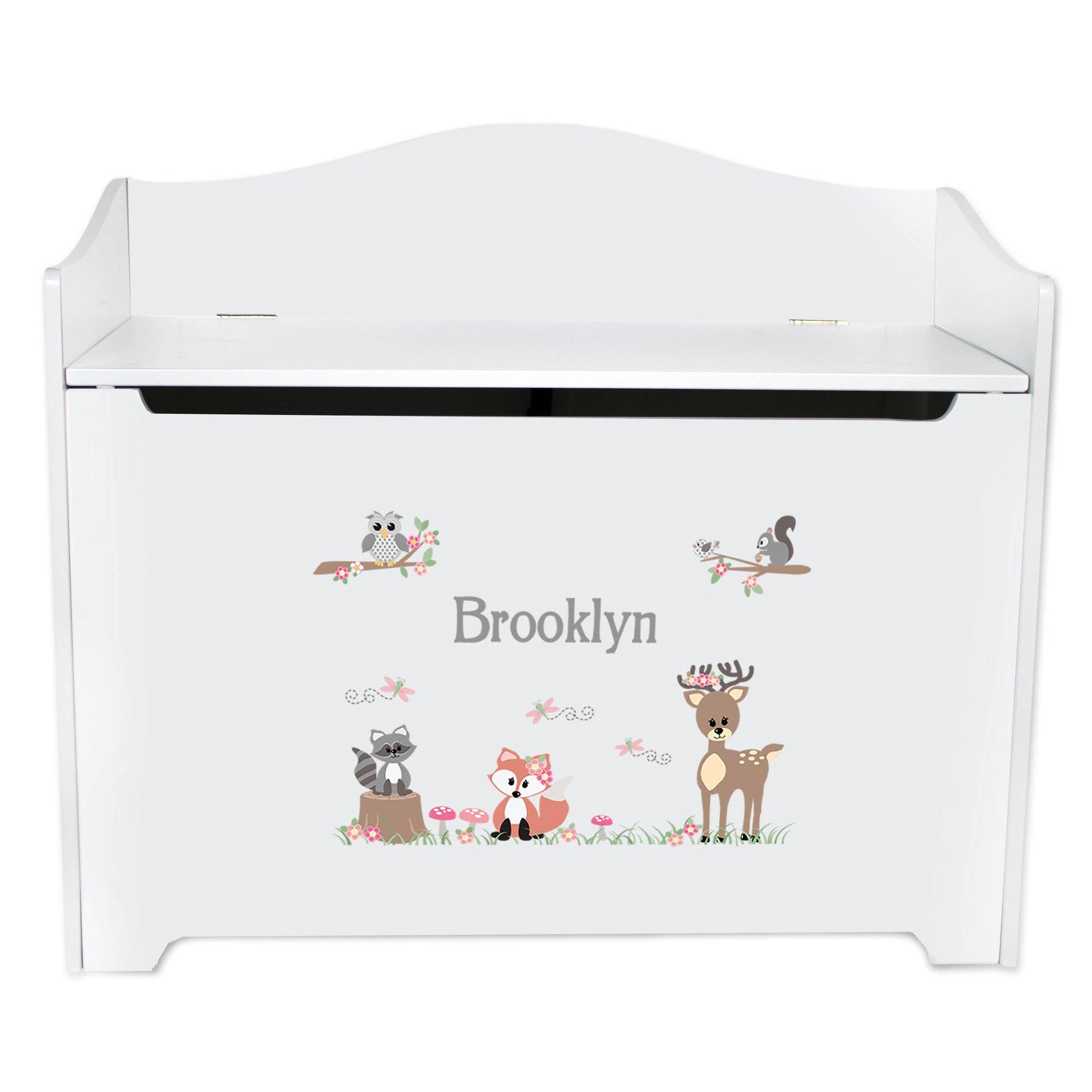 White Wooden Toy Box Bench with Gray Woodland Critters design