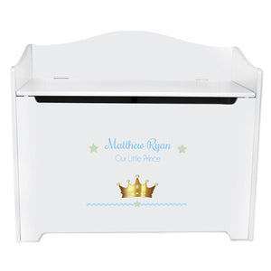 White Wooden Toy Box Bench with Prince Crown Blue design