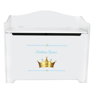 White Wooden Toy Box Bench with Prince Crown Blue design