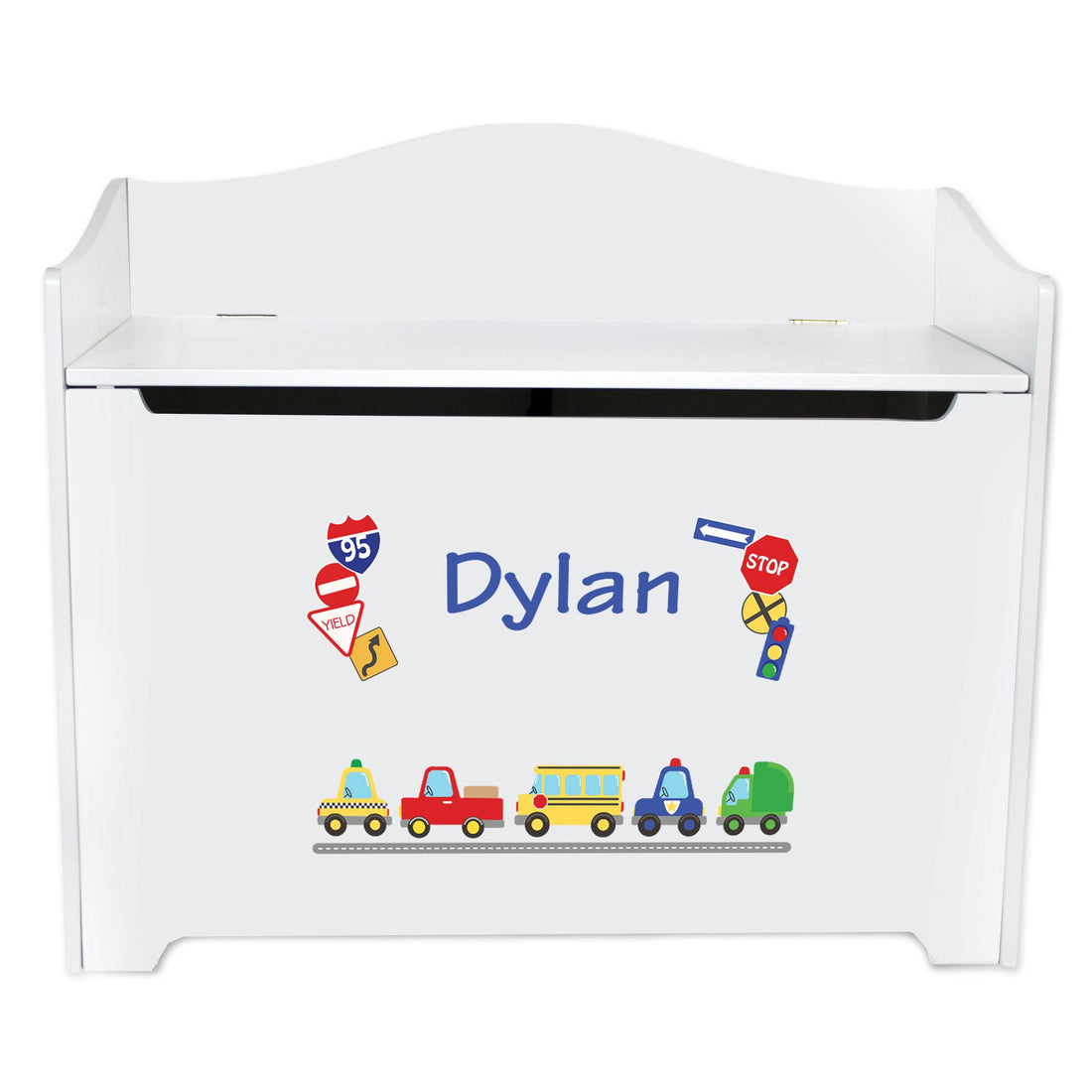 White Wooden Toy Box Bench with Cars and Trucks design