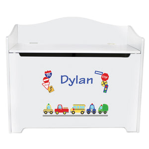 White Wooden Toy Box Bench with Cars and Trucks design