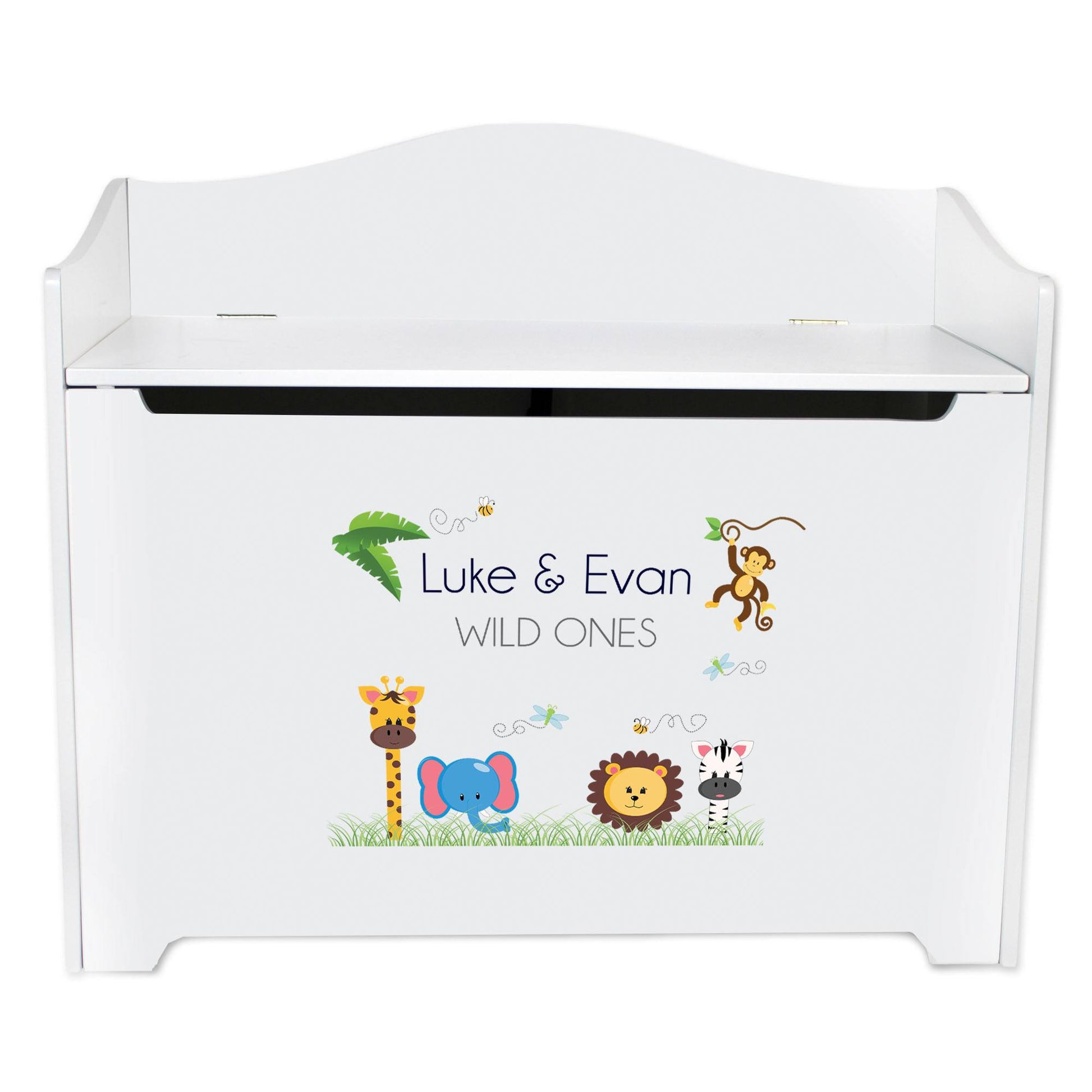 White Wooden Toy Box Bench with Jungle Animals Boy design