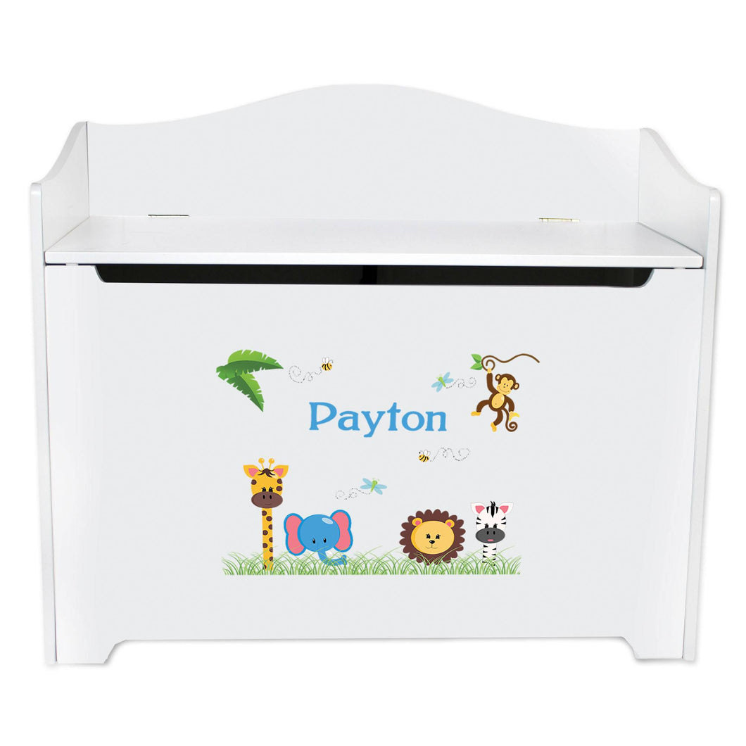 White Wooden Toy Box Bench with Jungle Animals Boy design
