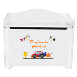 White Wooden Toy Box Bench with Race Cars design