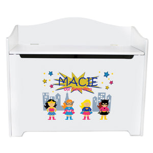 White Wooden Toy Box Bench with Super Girls design
