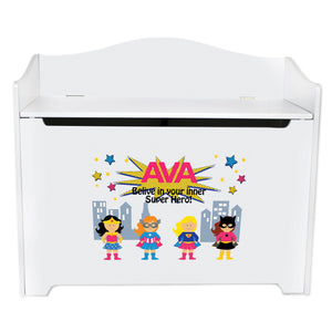 White Wooden Toy Box Bench with Super Girls design
