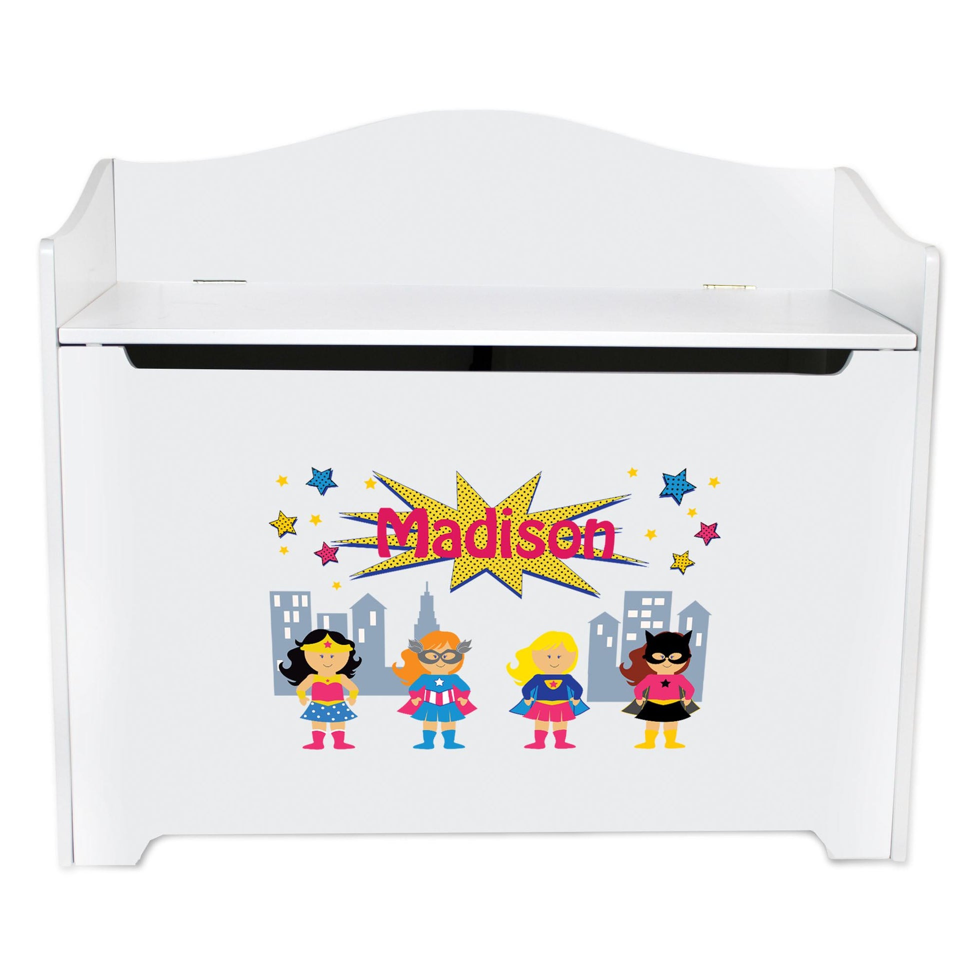 White Wooden Toy Box Bench with Super Girls design