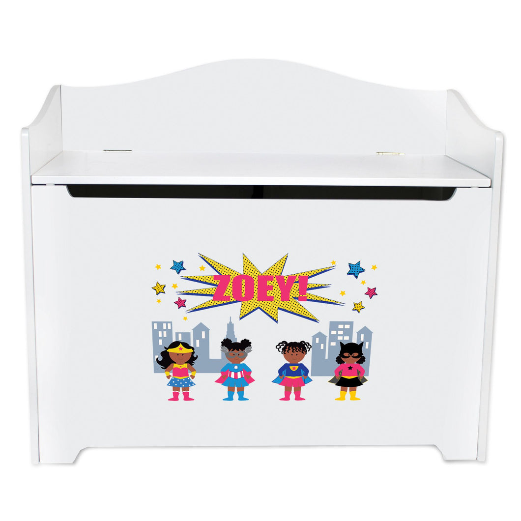 White Wooden Toy Box Bench with Super Girls African American design