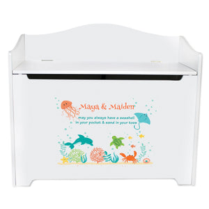 White Wooden Toy Box Bench with Hot Air Balloon design