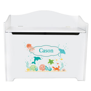 White Wooden Toy Box Bench with Sea and Marine design