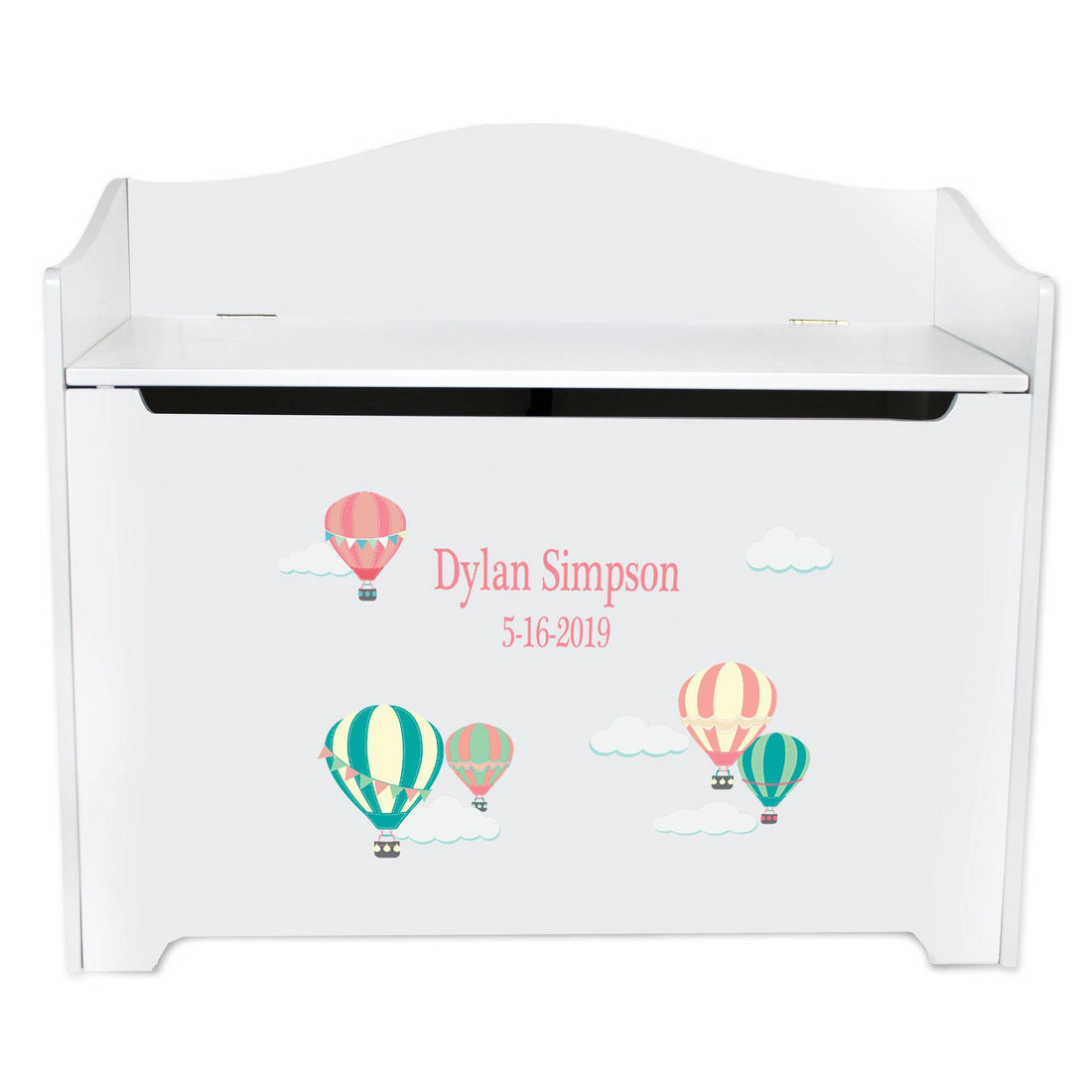 White Wooden Toy Box Bench with Hot Air Balloon design