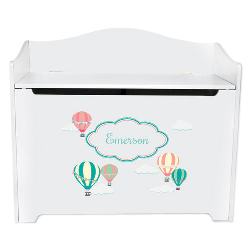 White Wooden Toy Box Bench with Hot Air Balloon design