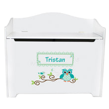 White Wooden Toy Box Bench with Blue Gingham Owl design