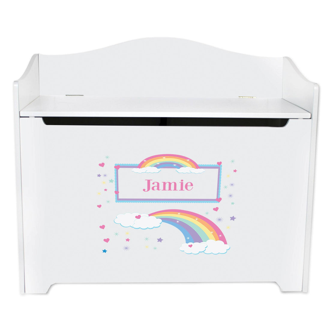 White Wooden Toy Box Bench with Rainbow Pastel design