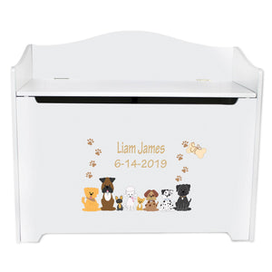 White Wooden Toy Box Bench with Brown Dogs design