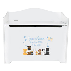 White Wooden Toy Box Bench with Blue Dogs design