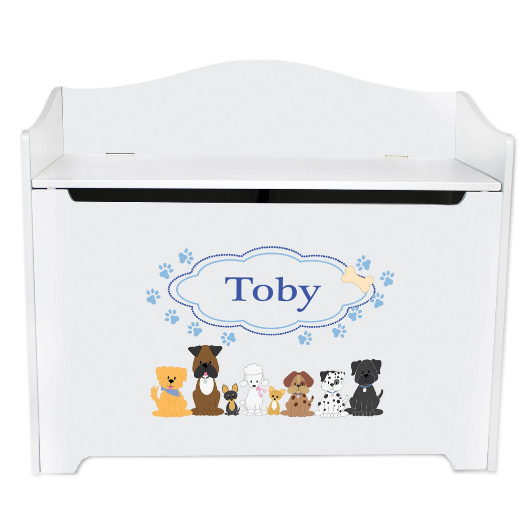 White Wooden Toy Box Bench with Blue Dogs design