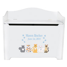 White Wooden Toy Box Bench with Blue Cats design
