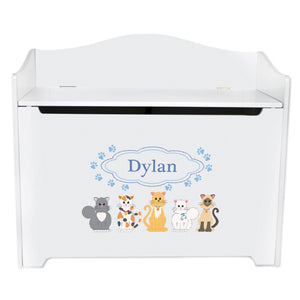 White Wooden Toy Box Bench with Blue Cats design